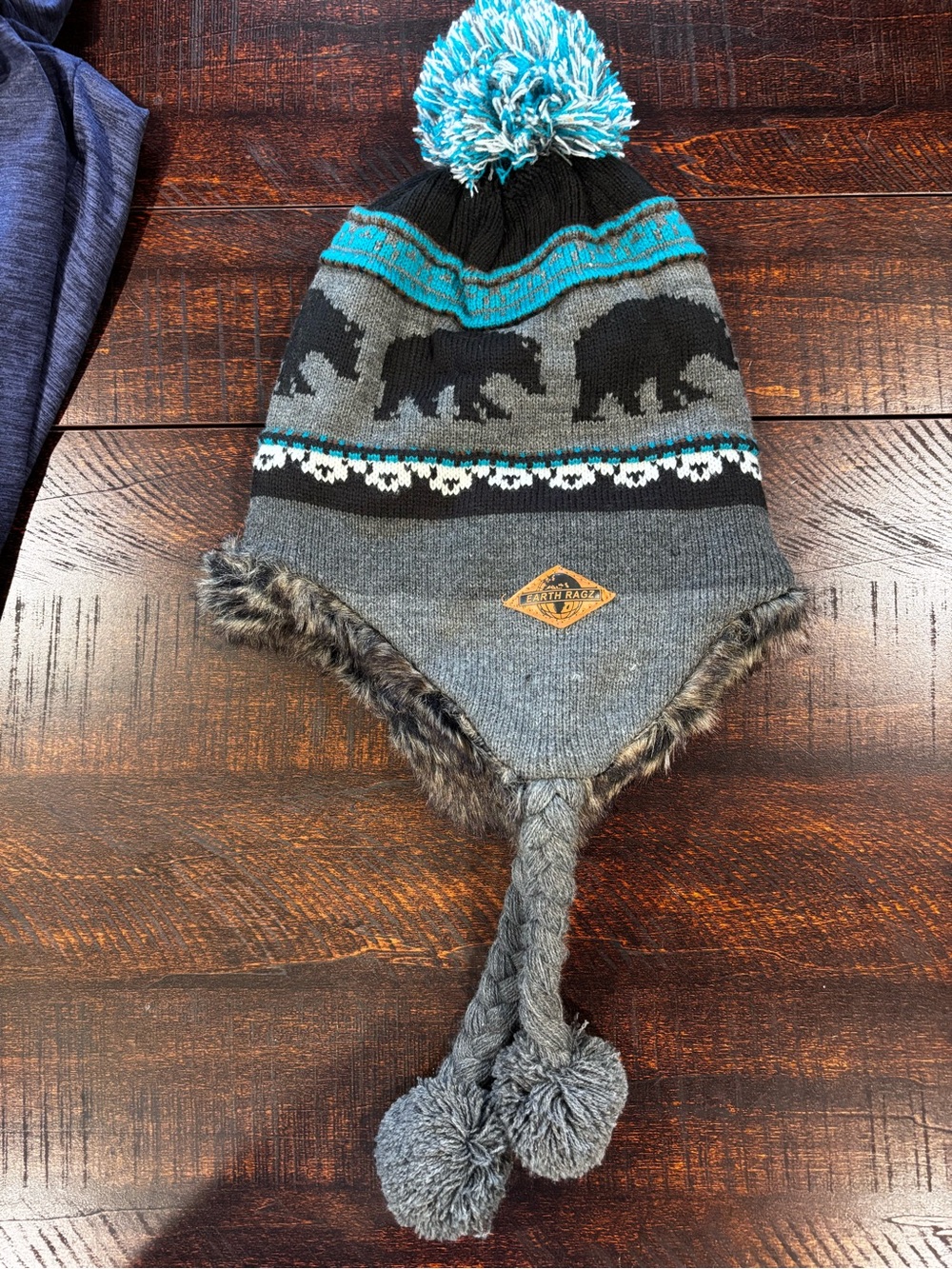 Gray and Teal Pom-Pom Earflap Beanie Hat with Bear Motif